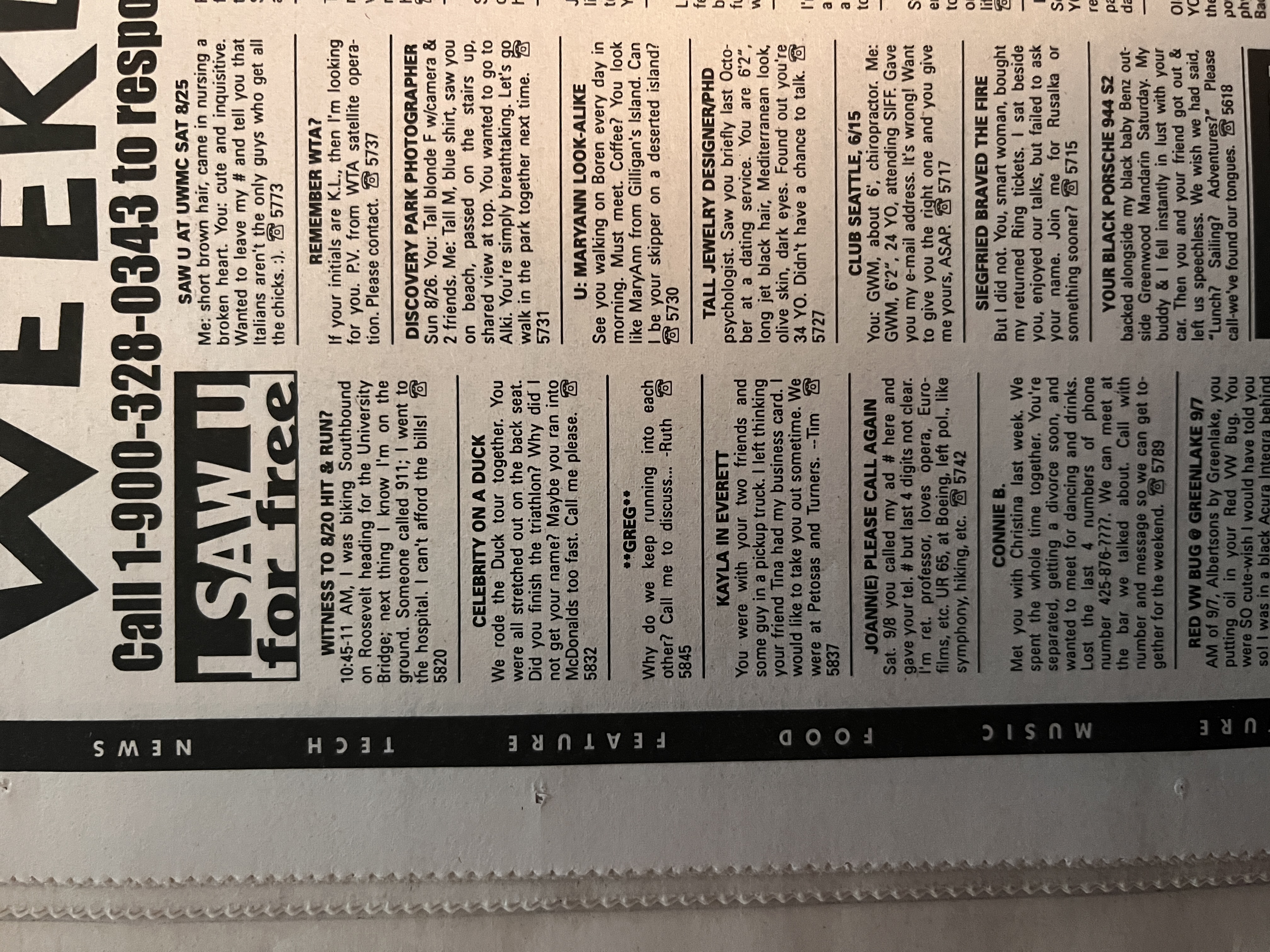 Seattle Weekly 'I Saw U' section circa 1998