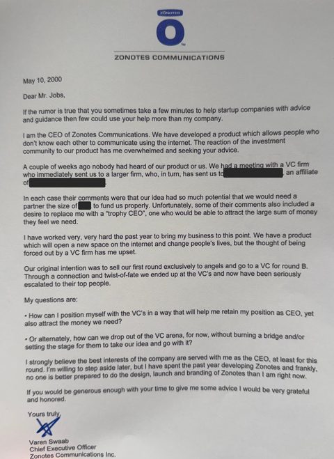 Letter from Varen Swaab, CEO of Zonotes Communications, to Steve Jobs, dated May 10, 2000