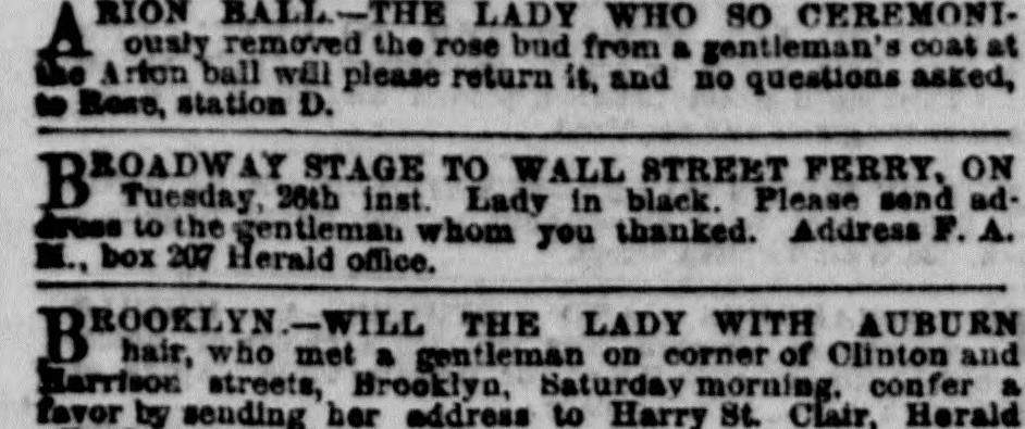 Personal ads on the front page of the New York Herald, 29 March 1867