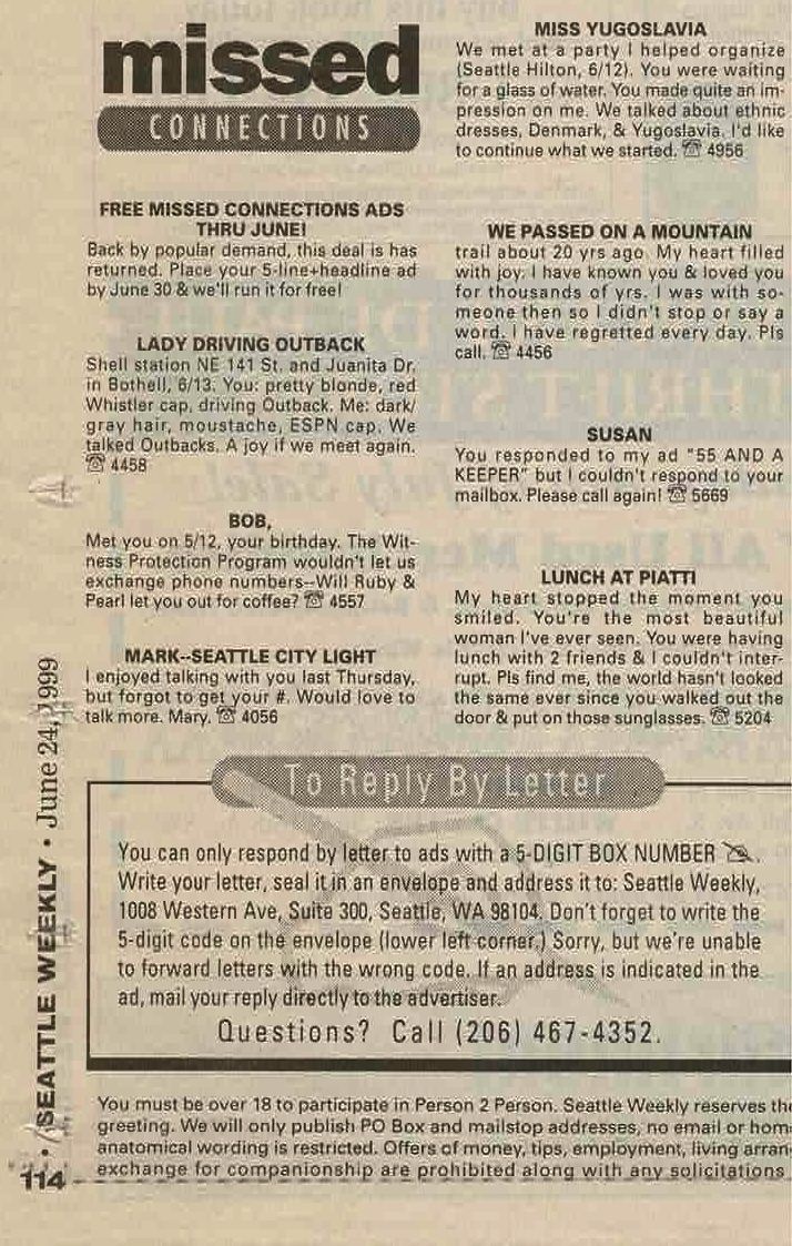 Seattle Weekly missed connections page, 24 June 1999
