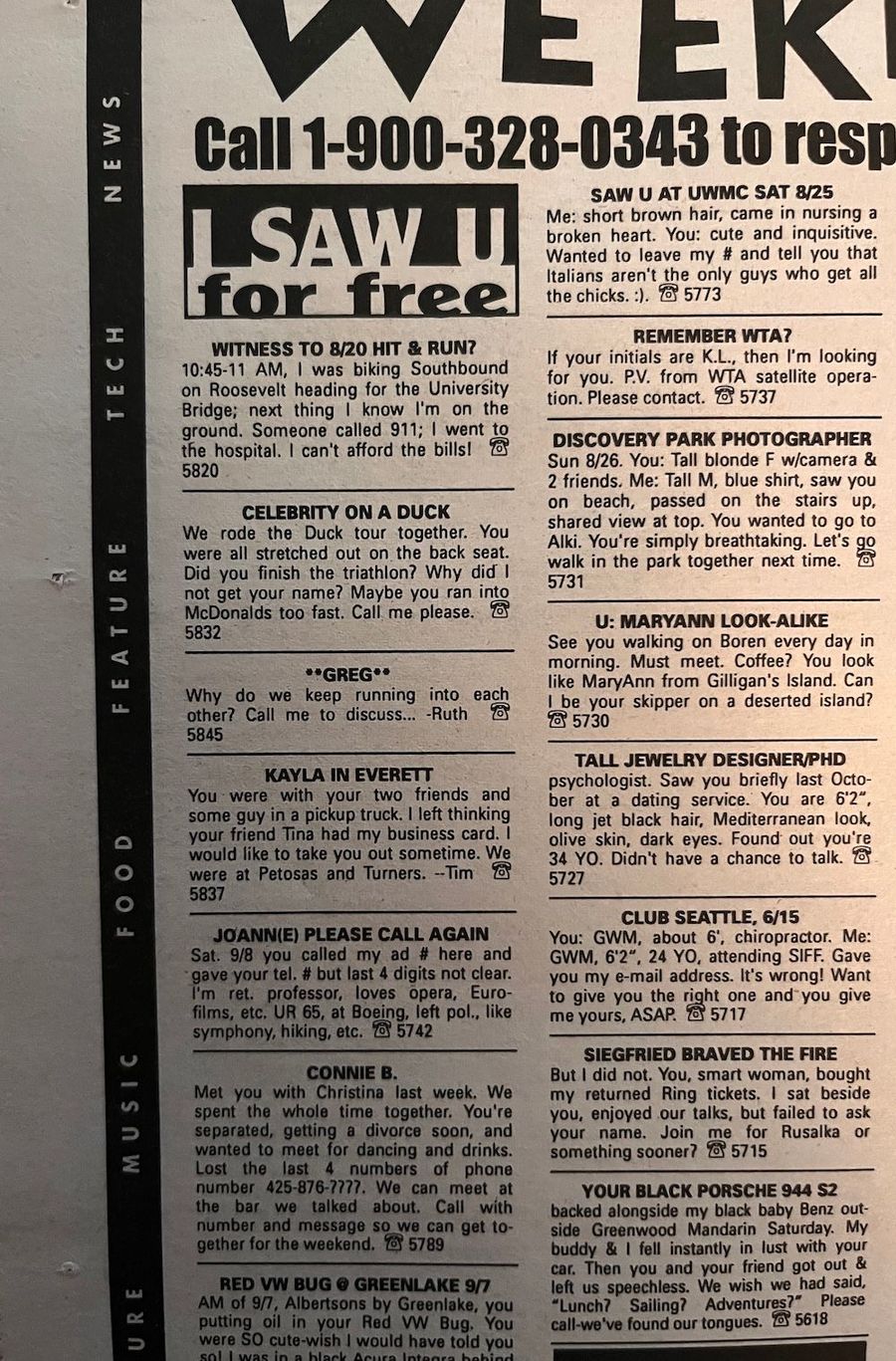 Seattle Weekly I Saw U for free page, 2001