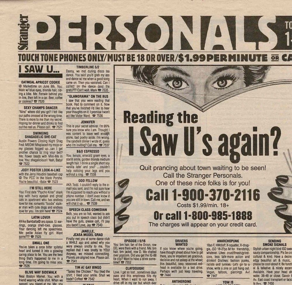 The Stranger personals page with its I Saw U column, 1999
